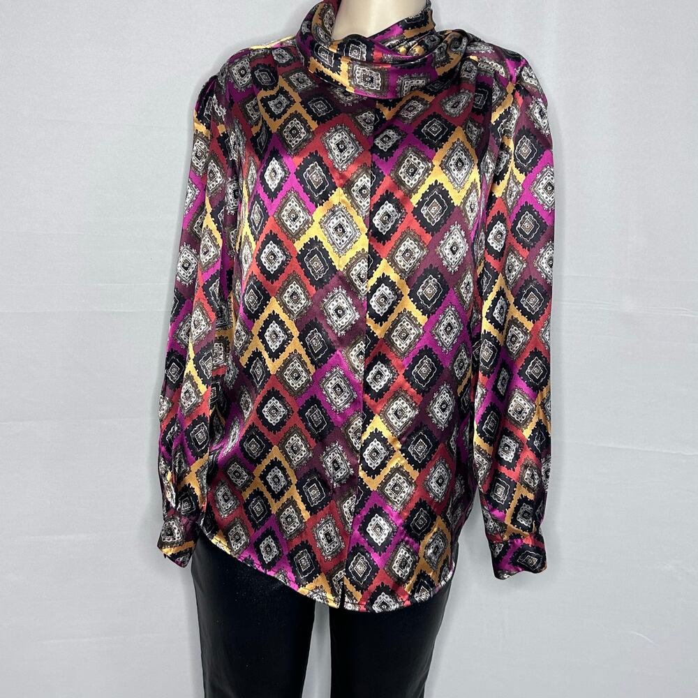 Vintage La Chine Plus Geometric Print Blouse Cowl Neck Long Sleeve 3X 14W